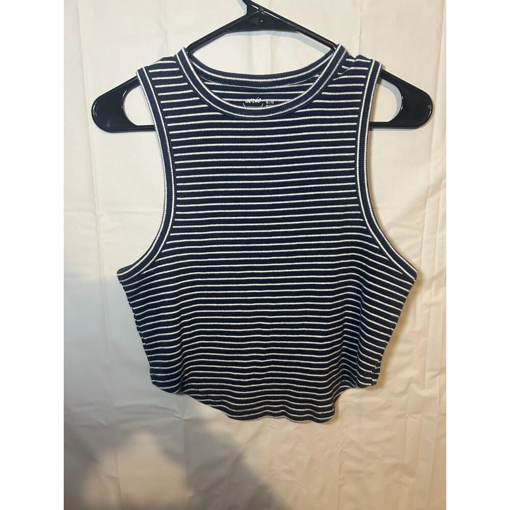 Aerie Striped High Neck Crop Tank Top XL Navy Blue White Ribbed Curved Hem